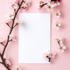 Blank card with pink background, and spring flowers.
