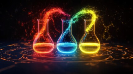 Colorful glowing beakers with vibrant swirling energy