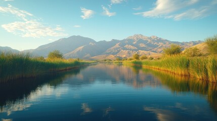 Serene river reflecting mountain peaks under a serene sky