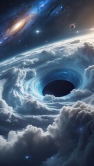 Stunning Black Hole in Space Surrounded by Cosmic Clouds and Galaxies
