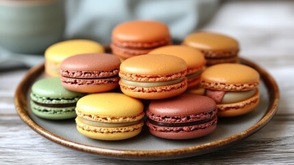 Obraz premium Colorful macarons in various shades of orange, yellow, green, and brown, stacked on a plate