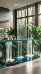 Creative Nature-Inspired Kitchen Island with Mini Waterfalls and Forest Design
