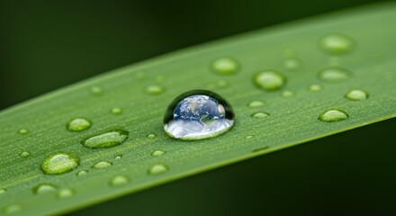 Water Drops on Green Leaf Reflecting Sky Macro Shot Representing Nature's Beauty and Harmony Stock Photography for Environmental Themes