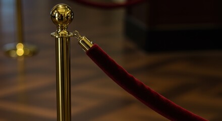 Gold Barrier with Red Rope Protecting Space Symbolizing Elegance Security and Controlled Access to High Value Locations or Exclusive Events