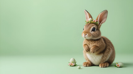 Obraz premium Charming Brown Bunny with Easter Egg Nest Crown on Pastel Green Backdrop