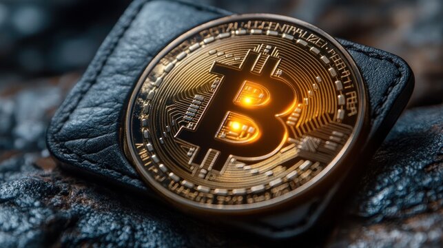 Golden Bitcoin on Leather Wallet - Powered by Adobe