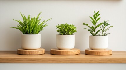 Three small potted plants on a light wooden shelf