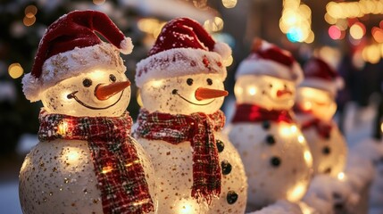 Snowmen Decorations with Glowing Lights and Festive Scarves Arranged for Holiday Season