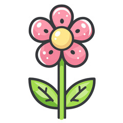 Cute cartoon flower with pink petals and yellow center, featuring green leaves and cheerful design