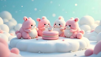Four fluffy, pastel-colored bear creatures gather around a pink macaron and teacup on a white cloud, with a soft blue background and falling white specks