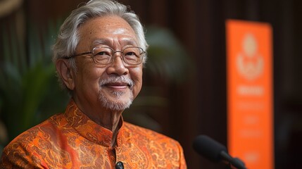 Smiling elder Asian man, likely speaking