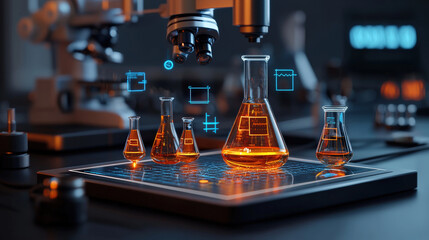 Futuristic laboratory scene with glowing orange liquid in flasks, surrounded by digital holographic elements and microscopes, showcasing advanced scientific research