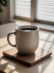 A cup of coffee sitting on top of a wooden coaster.