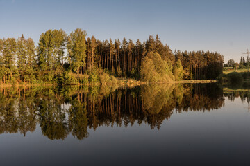 Staviště Reservoir Near Žďár nad Sázavou Reflecting Evening Sunlit Forests