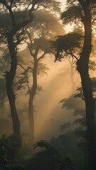 Mystical Forest at Sunrise with Sunbeams Piercing Through Trees