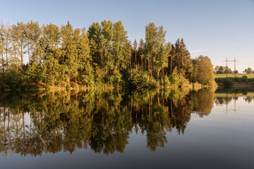 Staviště Reservoir Near Žďár nad Sázavou Reflecting Evening Sunlit Forests