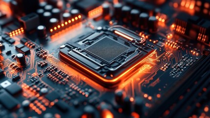 Obraz premium High-tech computer circuit board with glowing processor