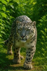 Obraz premium Snow leopard walking through a wild habitat with vibrant green foliage and sunlight filtering through dense vegetation