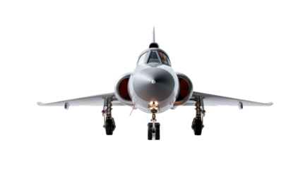 Fighter Jet at Dawn: A sleek, modern fighter jet, viewed head-on against the bright backdrop of a dawn sky, embodies the power and precision of modern aviation.