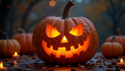 Fototapeta premium Glowing Jack-o'-lantern: Spooky Halloween Pumpkin with Candles