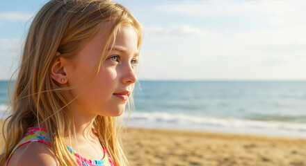 Pensive blonde girl in floral swimsuit with profile view at golden hour beach. Thoughtful summer portrait for Children's Day, ocean conservation campaigns and beach safety education
