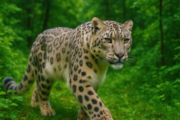Obraz premium Snow leopard walking through its natural habitat surrounded by lush greenery in dense forest under soft daylight