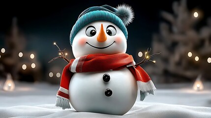 there is a snowman that is wearing a red scarf and a blue hat