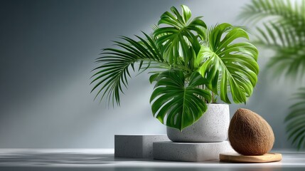 Tropical plant display with coconut