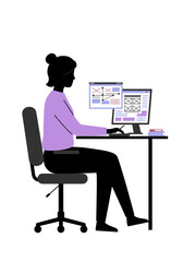 Woman working on computer at desk in minimalistic office setting  