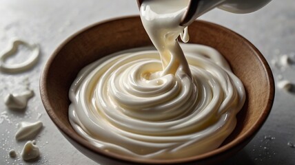 Creamy Mayonnaise Swirling in Wooden Bowl Delicious Food Photography egg oil rich meal sauce white  