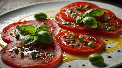 Delicious Fresh Tomato Basil Salad Recipe  Summer Food Photography  Vibrant Red and Green oil eat   