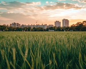 Lush green grass field at sunset