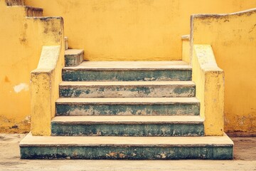 Exterior weathered steps against a mustard yellow wall