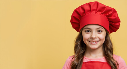 Smiling girl in red chef hat and pink shirt against yellow background. Cooking activities promoting creativity and practical skills development for children's culinary workshops