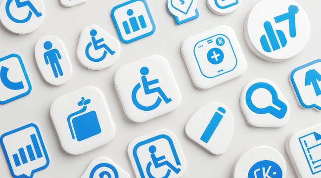 knowledge sharing innovation accessibility. Diverse blue icons on a light background, featuring symbols related to accessibility, information, and analytics in a flat design style.