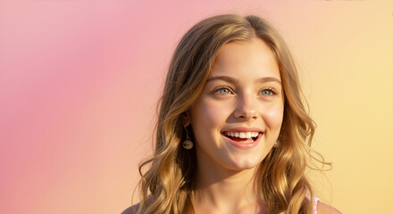 Fototapeta premium Laughing girl with wavy blonde hair against pink background in warm sunlight. Natural beauty and genuine happiness expressing youth vitality and positive emotions