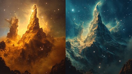 Fototapeta premium Two views of a cosmic mountain range, one in golden hues and the other in teal shades, amidst a star-studded nebula