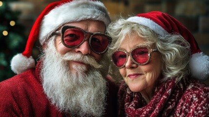Festive Senior Couple Wearing Santa Hats and Red Glitter Sunglasses