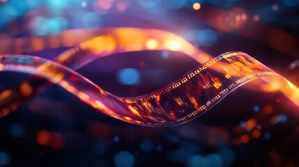 Abstract Film Strip with Orange and Purple Lights Reflecting Cinematic Magic and Nostalgic Memories on a Dark Blurred Background