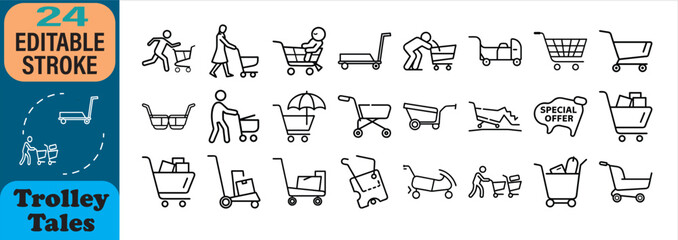 Set of twenty four editable stroke trolley icons representing shopping concepts
