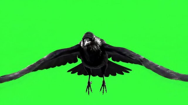Majestic black raven with wings spread wide against a vibrant green backdrop