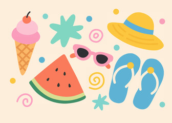 Fun and colorful flat summer illustration featuring ice cream, watermelon, flip-flops, hats, and sunglasses. Pastel tones with abstract doodles on beige background. Perfect for seasonal designs.