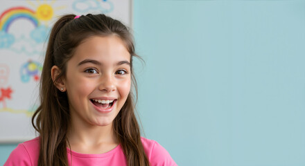 Laughing girl with ponytail in pink top against colorful rainbow classroom wall. Joyful education portrait for back to school campaigns and children's day celebrations