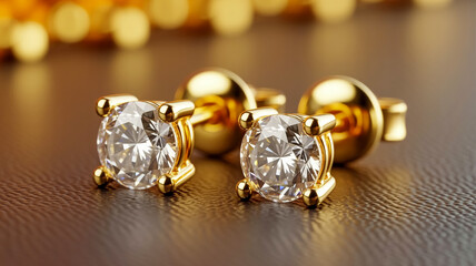 A macro photograph of two identical diamond stud earrings in 18k yellow gold settings.