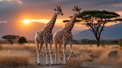 Fototapeta premium Two giraffes at sunset in savanna