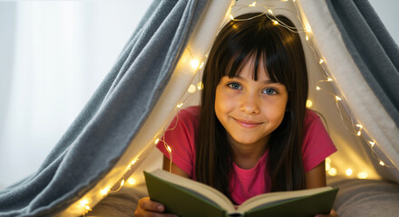 Smiling girl with straight dark hair reading book inside cozy blanket fort with string lights. Reading adventure for book week celebrations, slumber parties and children's literacy campaigns