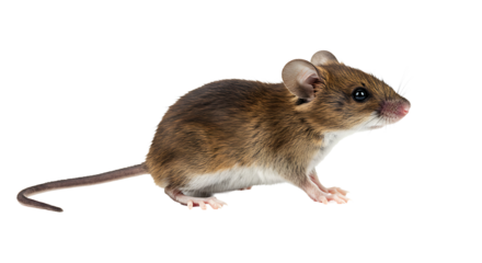 An isolated brown mouse, showing its side profile with details of its fur and whiskers.