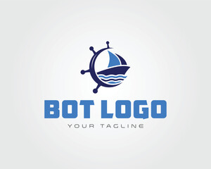 Sailing boat marine logo vector template with wave and wheel for maritime business identity
