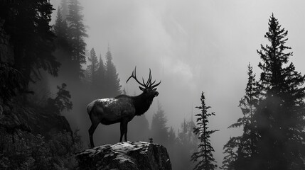 Majestic Elk Silhouette: Proud and Frosty Antlers on a Mist-Shrouded Summit
