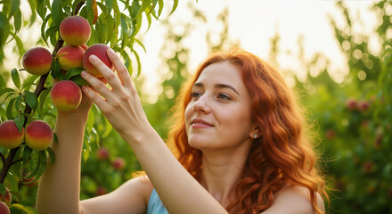 Redhead woman examining ripe peaches on tree in orchard during sunset. Summer fruit harvest concept for healthy eating campaigns and organic farming education